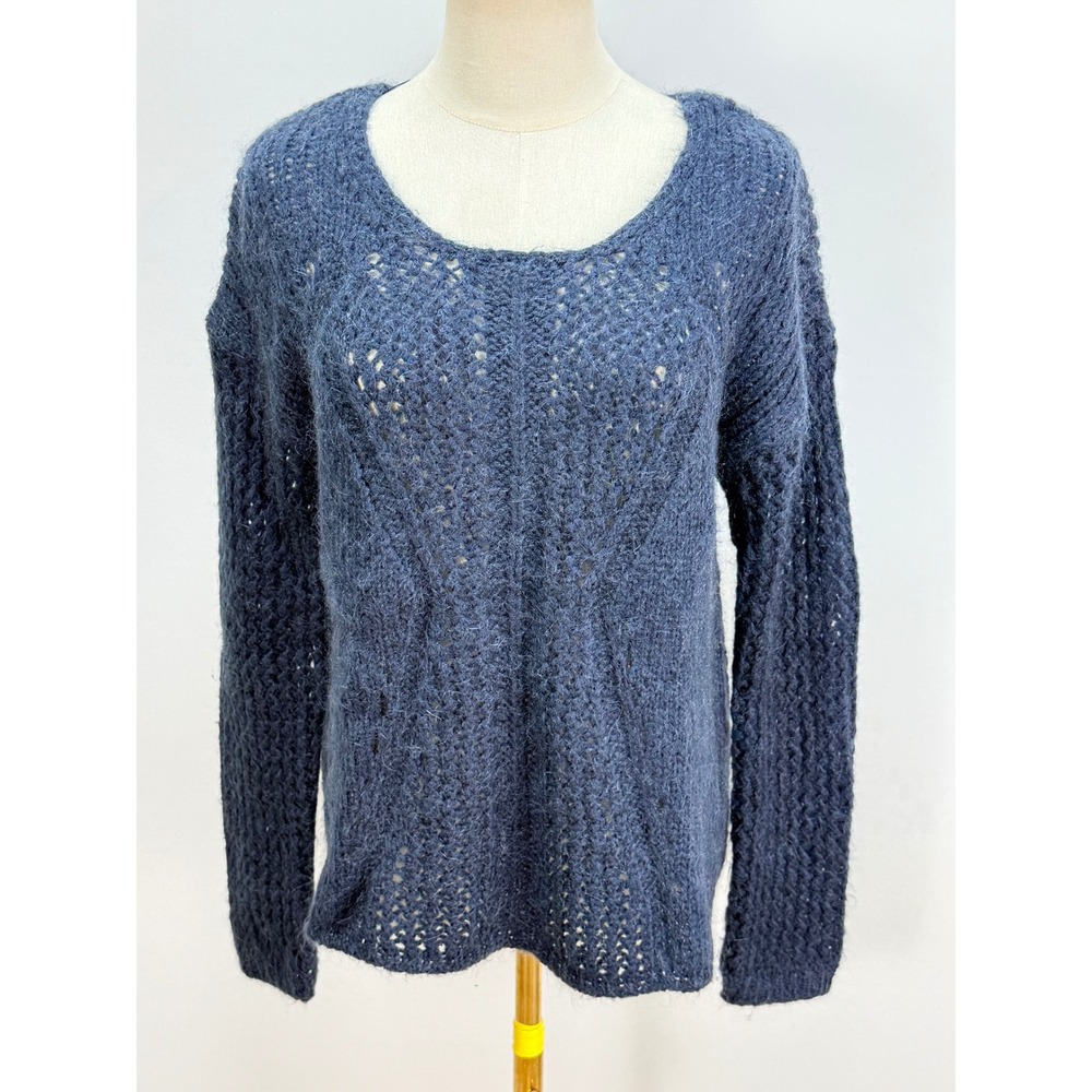 Soft Surroundings Blue Mohair Blend Pointelle Cable Knit Scoop Neck Sweater L